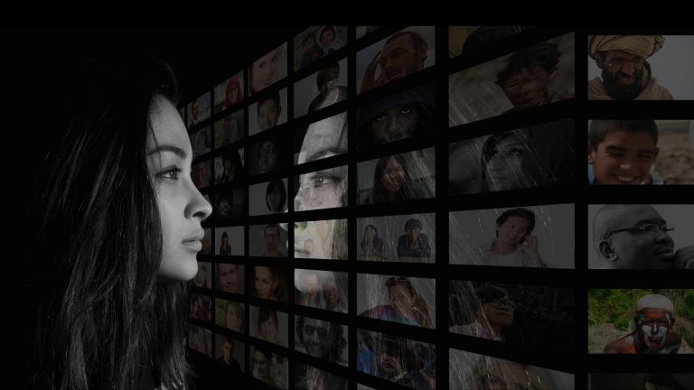 Collage of diverse family portraits. A teenage girl is trying to find meaning.