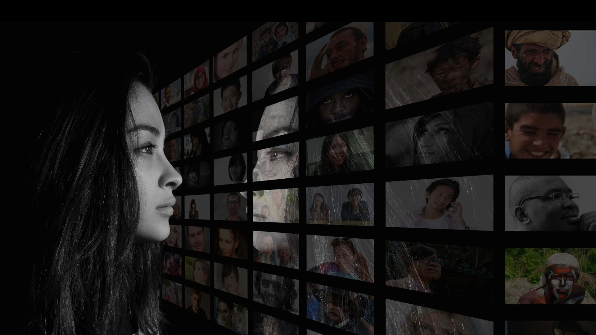 Collage of diverse family portraits. A teenage girl is trying to find meaning.