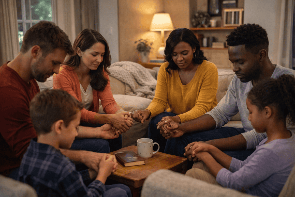 Families gathered together in prayer, caregiving, representing unity, faith, and intergenerational discipleship in the church and home.