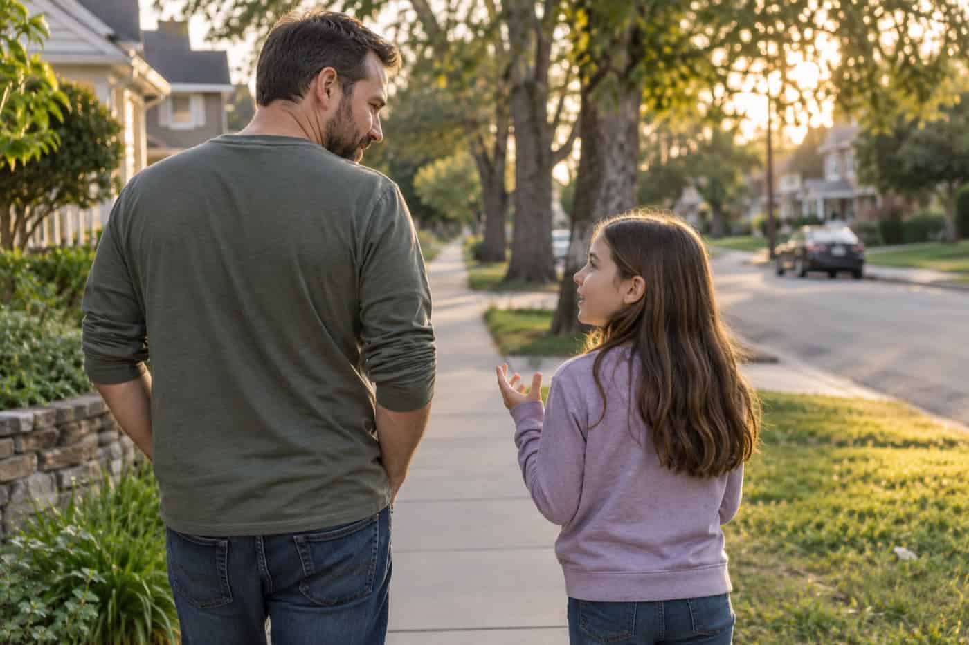 Father and daughter having a conversation outdoors in a neighborhood.