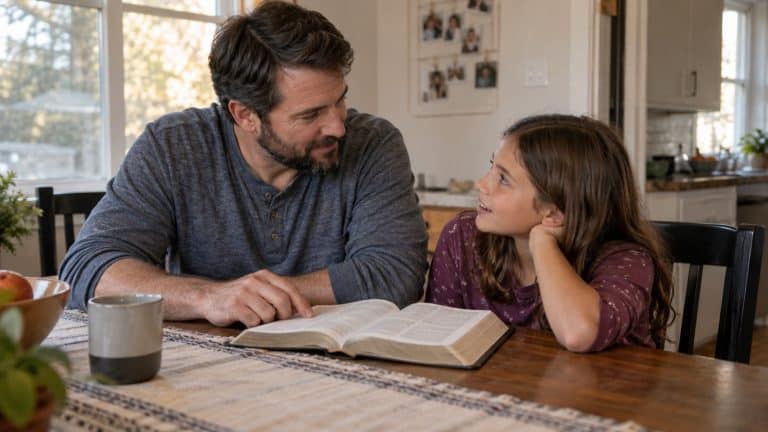Family discipleship at home: a father and daughter reading an open Bible together at the kitchen table